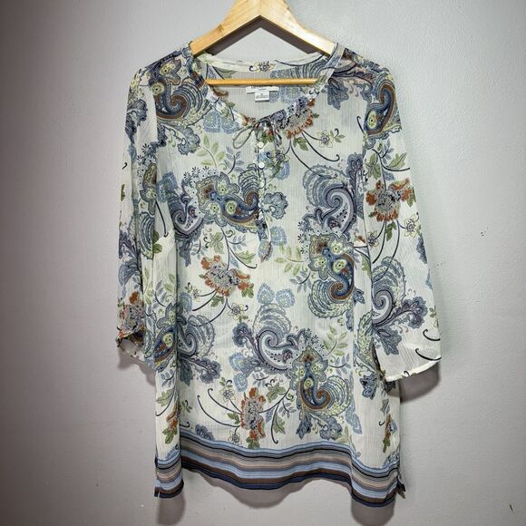Liz Claiborne Blouse Women’s Size 1X White Multi Paisley Print Top 3/4 Sleeves - Picture 7 of 11